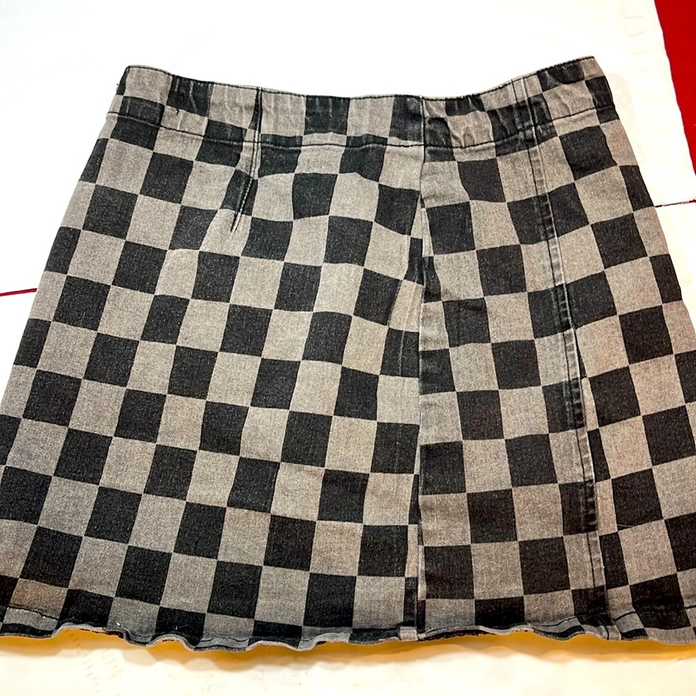 Y2K BLACK GRAY CHECKERED EMO MINI skirt stretchy denim side zip punk M side slit